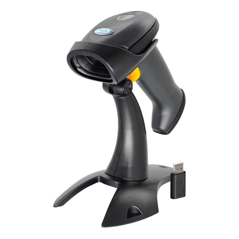 Lector de codigo de barra y QR AON, HS-250 2D, conexión inalámbrica 2.4G y Bluetooth, con base, Negro