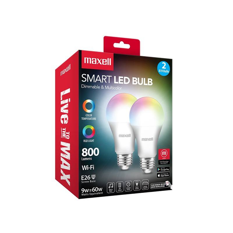 Bombillos Smart LED Maxell A19, Wi-Fi, 800 Lumens, 16 millones de colores RGB, 11 Watts, 2 unidades