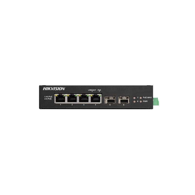Switch Hikvision DS-3T0506HP-E/HS de 4 Puertos (3 Puertos Gigabit PoE+, 1 Puerto Gigabit PoE++, 2 Puertos SFP), 65W