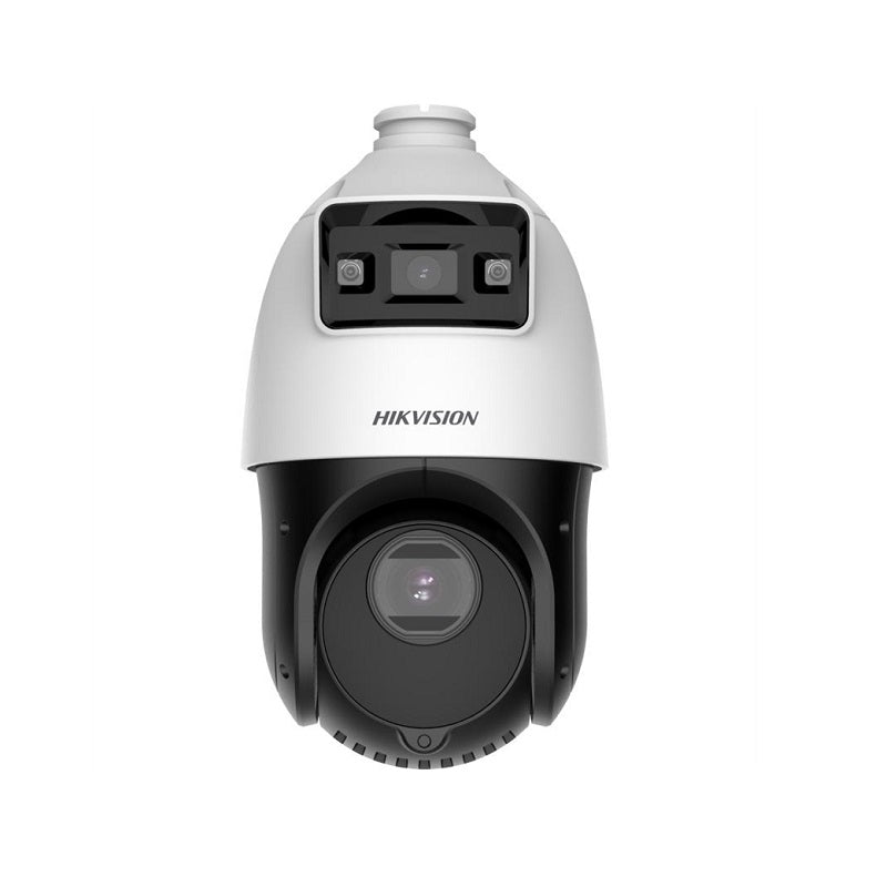 Cámara PT IP Hikvision, Poe, TandemVu 4MP + 4MP, 25X Color Vu, Bullet IR: 30m, PTZ IR: 100M, hasta 256GB Micro SD, IP66, Metal