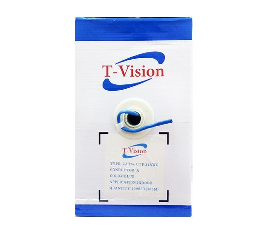 CAJA DE CABLE UTP CAT5e T-VISION 1000 PIES AZUL, PARA INTERIORES, ALEACION 0.5MM CCA(A)