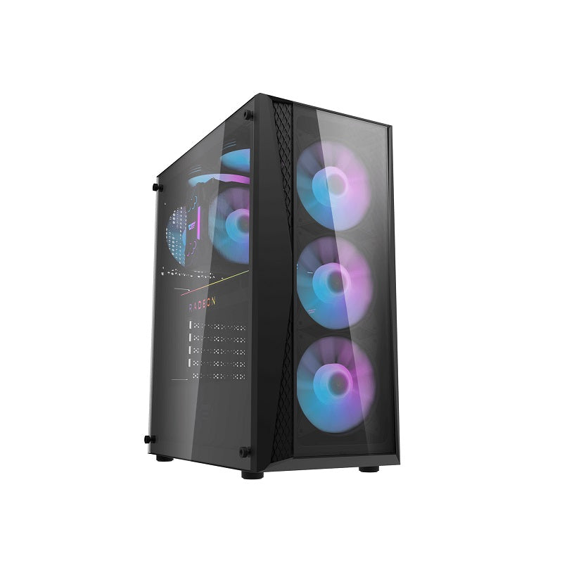 Gabinete Gaming DarkFlash DK352 Plus, ATX Mid Tower, Panel lateral y frontal de vidrio templado, incluye 4 abanicos ARGB, Color Negro