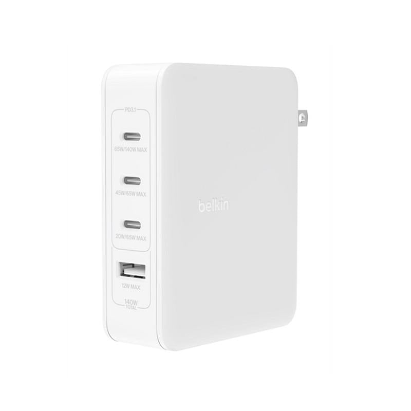 Cargador de Pared BELKIN, 3 puertos USB Tipo C, 1 puerto USB-A, BoostCharge Pro, 140W, carga rápida, Blanco
