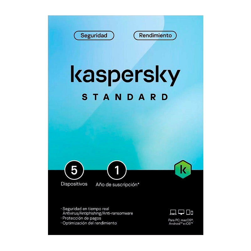 Programa Antivirus KASPERSKY Estandar para 5 Dispositivos, 1 año de suscripción
