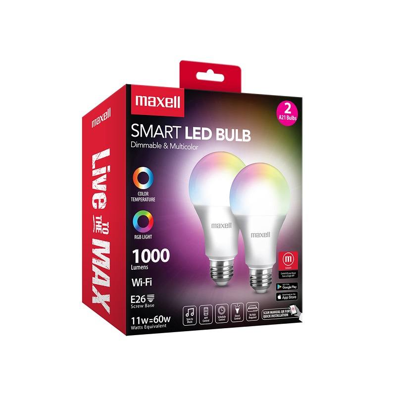 Bombillos Smart LED Maxell A21, Wi-Fi, 1000 Lumens, 16 millones de colores RGB, 11 Watts, 2 unidades