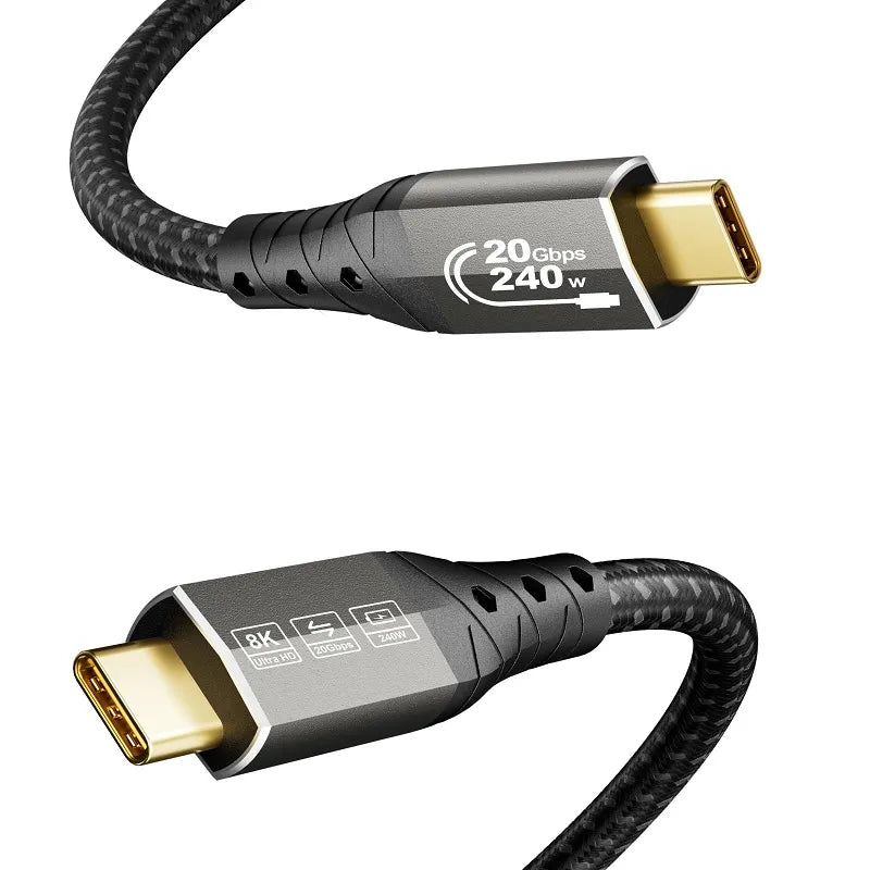 Cable USB Tipo C Macho a Macho, 1 Metro, 240W, 20Gbps, 8K Ultra HD, Trenzado, Negro