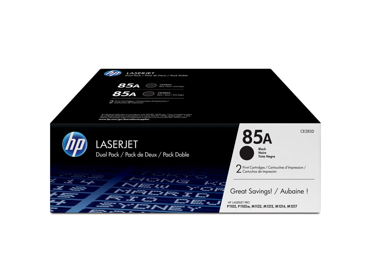 HP 85A - Paquete de 2 - negro - original - LaserJet - cartucho de tóner (CE285AD) - para LaserJet Pro M1132 MFP, M1212nf MFP, M1217nfw MFP, P1102, P1102s, P1102W, P1109, P1109W
