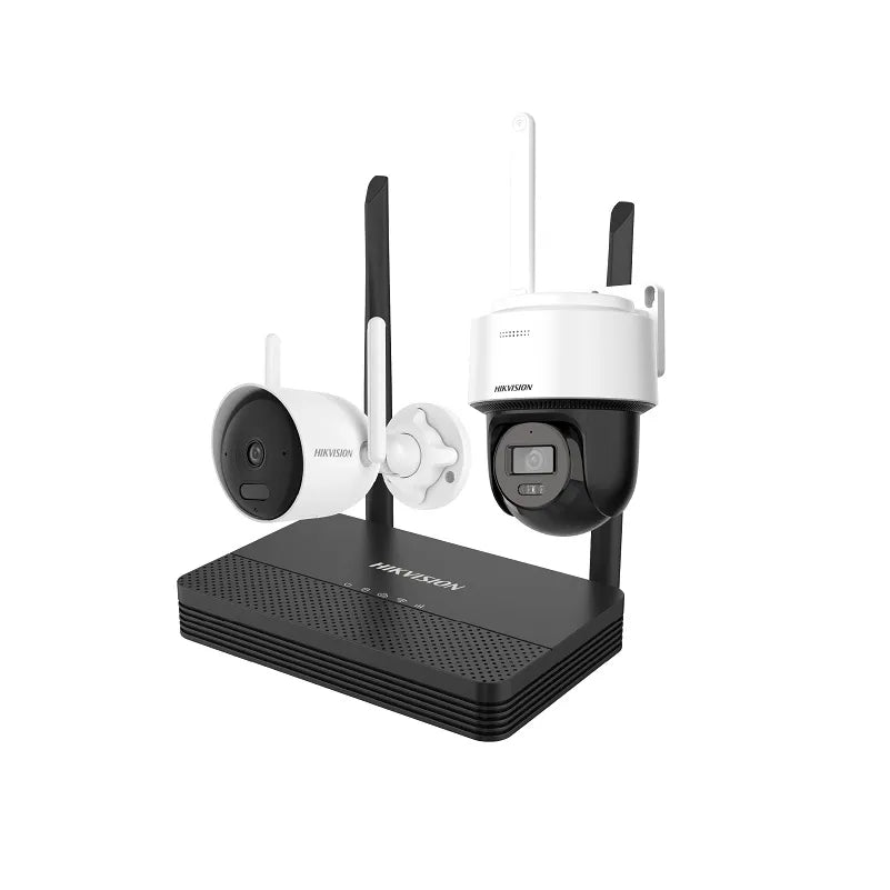 Kit de Cámaras Hikvision 4CH, Incluye 1x Bullet y 1x PT 2MP, 1 Grabadora NVS Wi-Fi, soporta MSD Hasta 512GB, Incluye Fuente y Cable RJ45