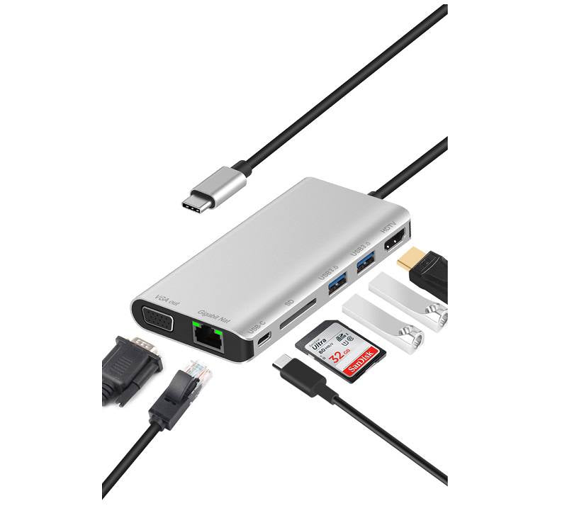 Adaptador Multiple DOCK 9591B, 8 En 1, USB Tipo C A USB 3.0 X2, SD Card Reader, HDMI, VGA, Jack 3.5, Gigabit Lan, Type-C