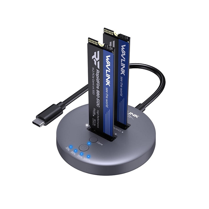 Docking Wavlink RapidFire S2, 2 Bahias, 10Gbps, USB tipo C, Para SSD M-Key o M+B Key 2230, 2242, 2260, 2280 y 22110