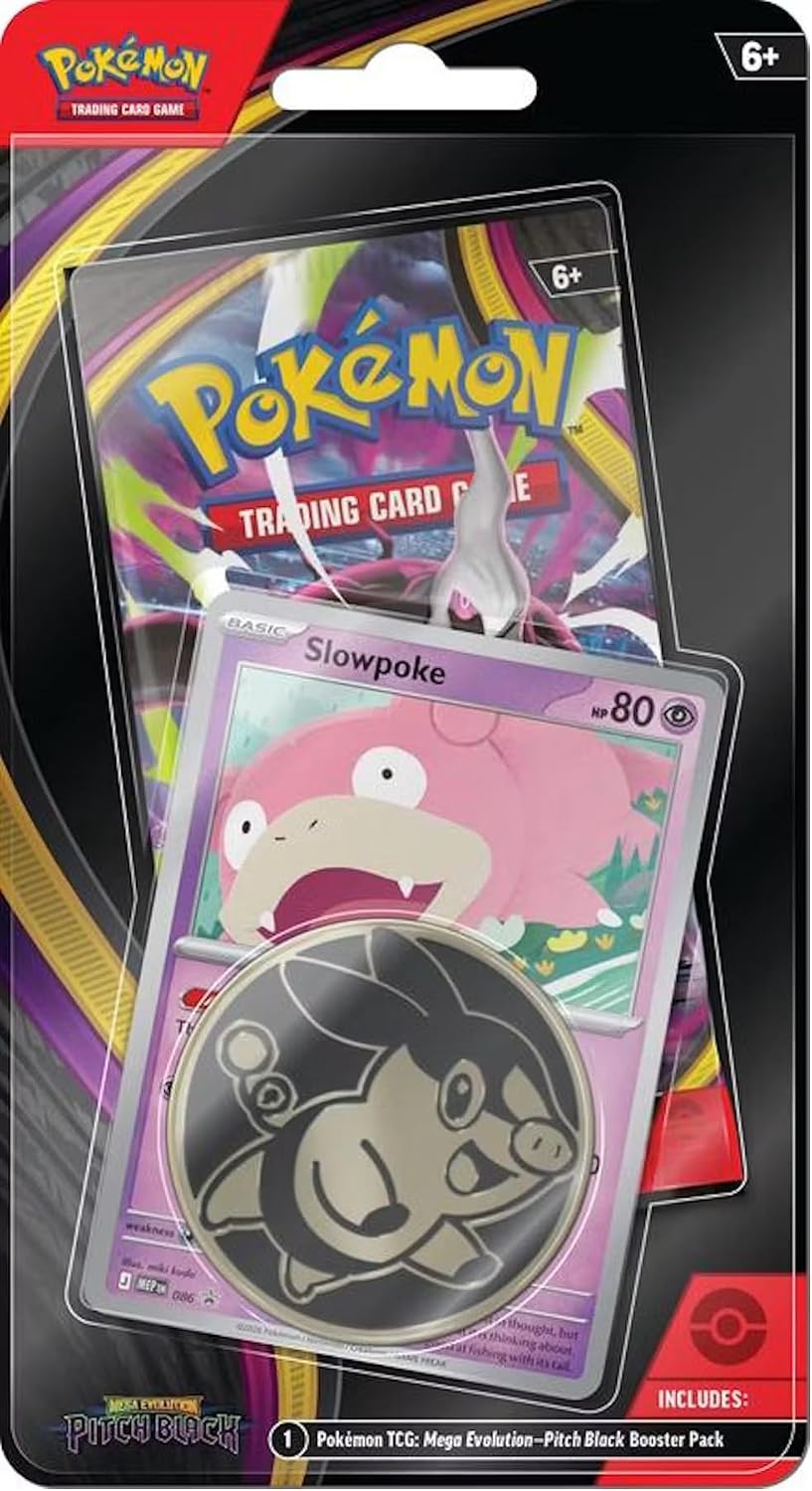 Pokemon Mega Evolution Pitch Black Checklane Blister Pack (1 paquete de refuerzo, tarjeta promocional Slowpoke y moneda)