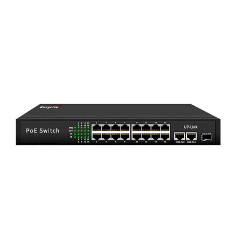 Switch T-VISION 16GE-2GE de 18 puertos, 16 puertos POE 10/100/1000M + 2 puertos 1000M Gigabit UpLink + 1 SFP, 200W, Rack