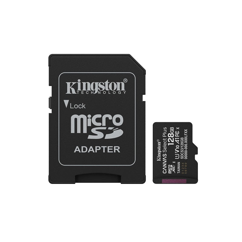 Memoria Micro SD KINGSTON 128GB Canvas Select Plus, UHS-I, U1/U3, v10/30, A1, Clase 10, lectura 150MB/s, con Adaptador