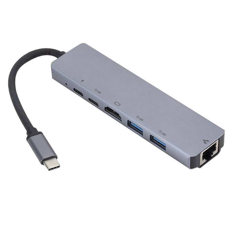 Adaptador Multiple TC17, 6 en 1, USB tipo C a HDMI (60 HZ), USB2.0 * 2, Carga PD, USB C, RJ45
