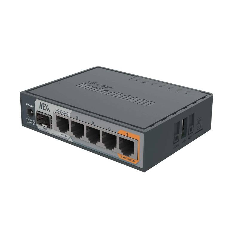 Router AP HEX MIKROTIK RB760iGS, CPU Dual Core 880MHZ, 256MB RAM, 5 Puertos Gigabit Ethernet 10/100/1000, 1 Entrada POE