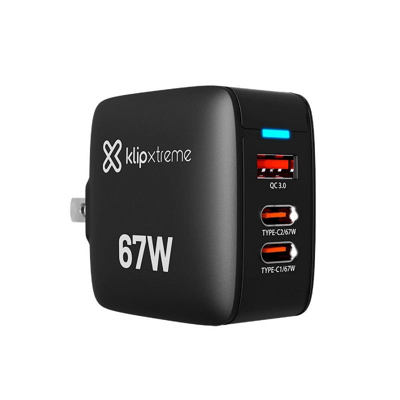 Cargador de Pared KLIP XTREME PowerWall 67, 2x USB Tipo C PD 3.0 + 1x USB A QC, 67W, carga rápida, Negro