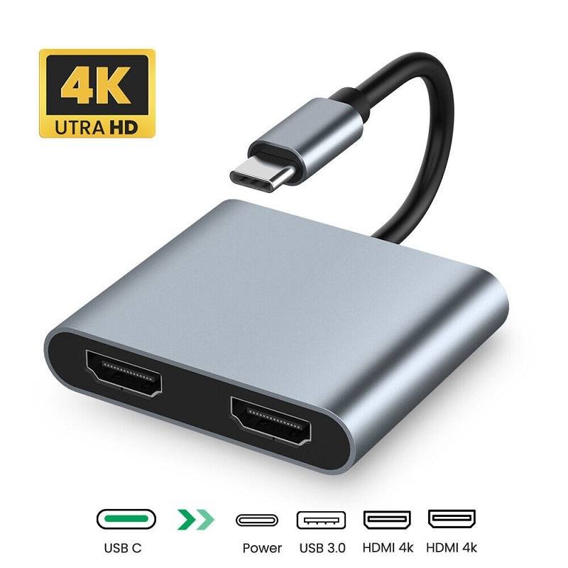 Adaptador Multiple T-Vision 4 en 1 de USB tipo C a HDMI x 2 4K, USB 3.0 y USB tipo C