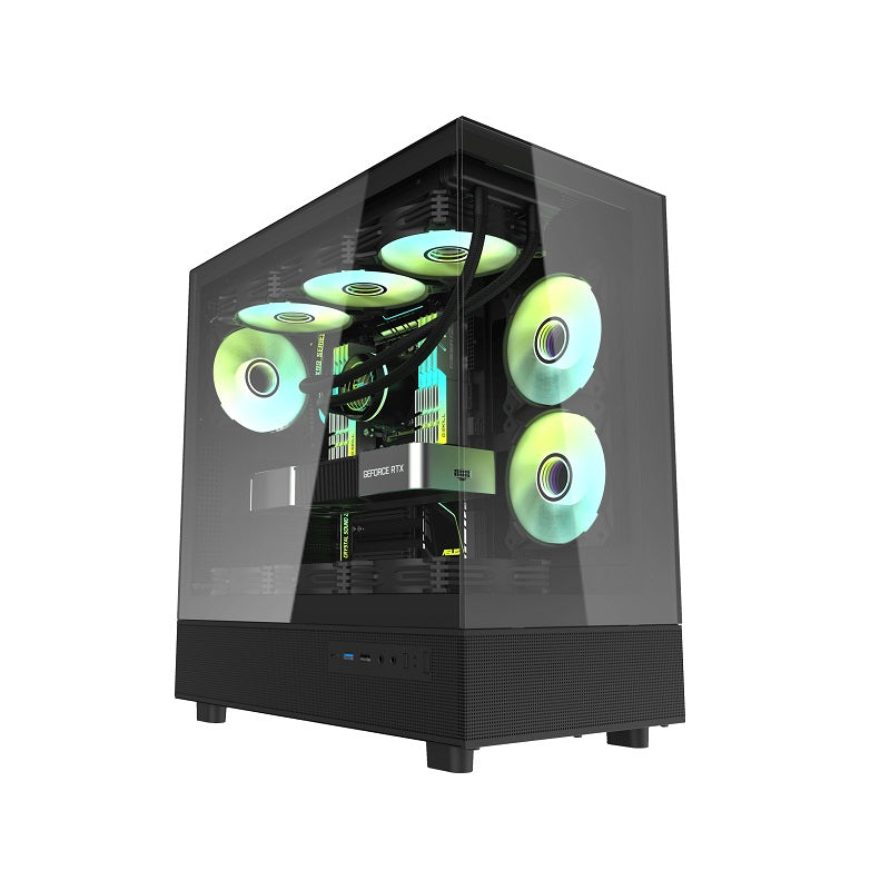 Gabinete Gaming DarkFlash DPX90, ATX Mid Tower, Panel lateral y frontal de vidrio templado, incluye 3 abanicos ARGB, Color Negro