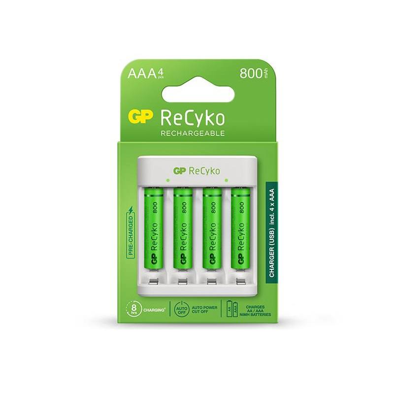 Bateria GP ReCyko AAA Recargable, 800mAh, 4 unidades, con cargador incluido