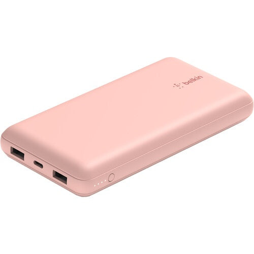 Belkin BoostCharge - Power bank - 20000 mAh - 15 Watt - 3 A - 3 output connectors (24 pin USB-C, 2 x USB) - on cable: USB-C - rose gold