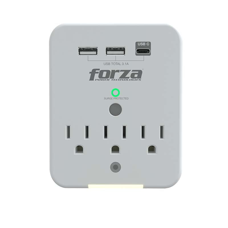 Forza FWT-331USBC - Protector contra sobretensiones (montaje en pared) - CA 125 V - 1875 vatios - conectores de salida: 3 - blanco