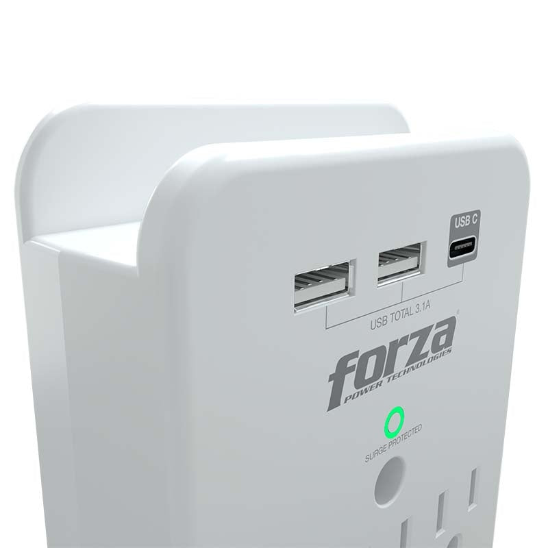 Forza FWT-331USBC - Protector contra sobretensiones (montaje en pared) - CA 125 V - 1875 vatios - conectores de salida: 3 - blanco