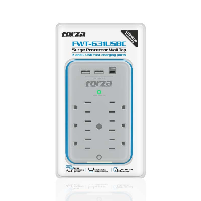 Forza FWT-631USBC - Protector contra sobretensiones (montaje en pared) - CA 125 V - 1875 vatios - conectores de salida: 6 - blanco