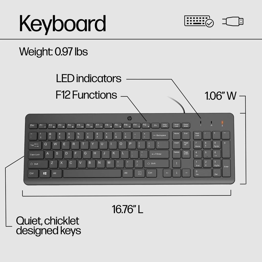 HP 150 - Juego de teclado y ratón - USB - Latinoamérica - negro - para HP 21, 22, 24, 27, Pavilion 24, 27, TP01, Pavilion Laptop 13, 14, 15