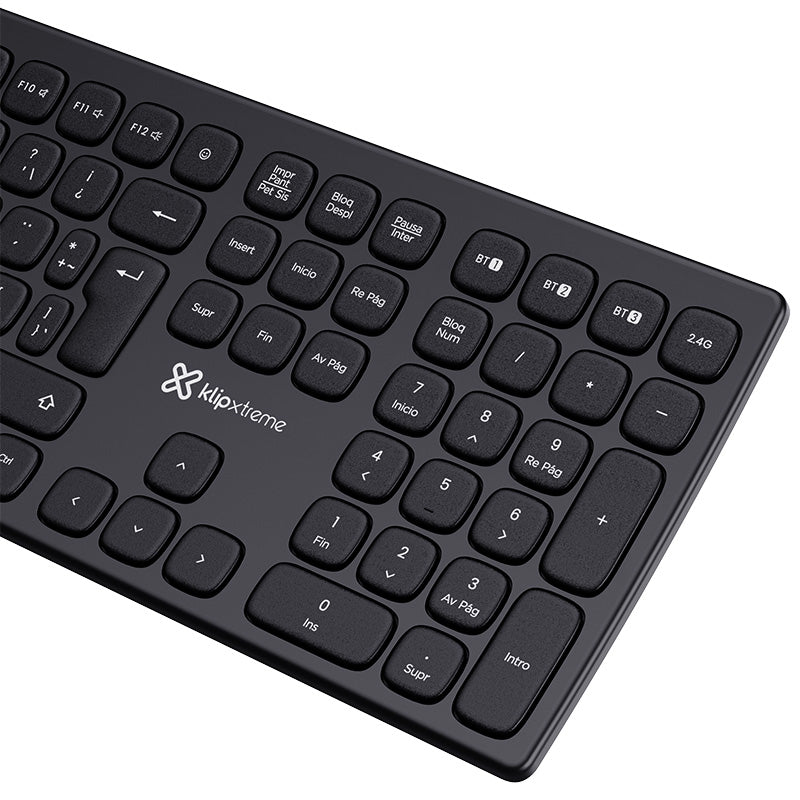 Klip Xtreme - Keyboard - Wireless - Spanish (Latin American) - Bluetooth / 2.4 GHz / USB-C - Ergonomic Design - Black - Curve