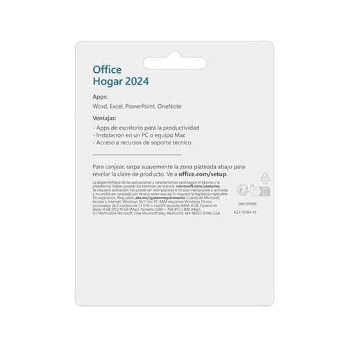 Microsoft Office Hogar 2024 - Licencia básica - 1 usuario activo - Tarjeta de activación - Windows / MacOS - Todos los idiomas - Retail Online LatAm Only