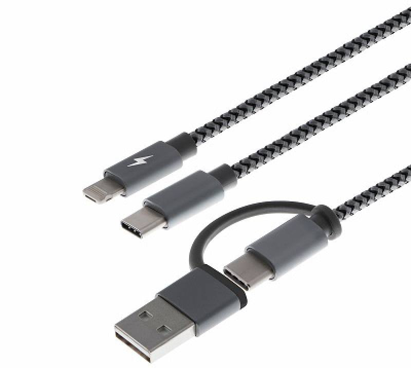 Cable USB XTECH multifuncional 5en1, Entrada USB Tipo A o C, Salida 2en1 (Micro USB + Lightning) / USB Tipo C, 1M, Gris