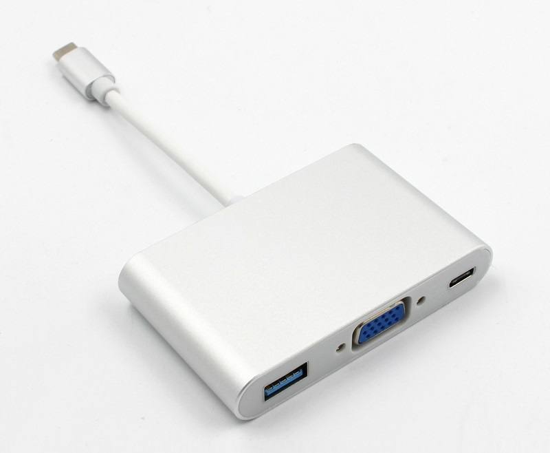 Adaptador Multiple USB tipo C (macho) a USB3.0, VGA, USB TIPO C (hembra), soportado en Windows & MacOS High Sierra