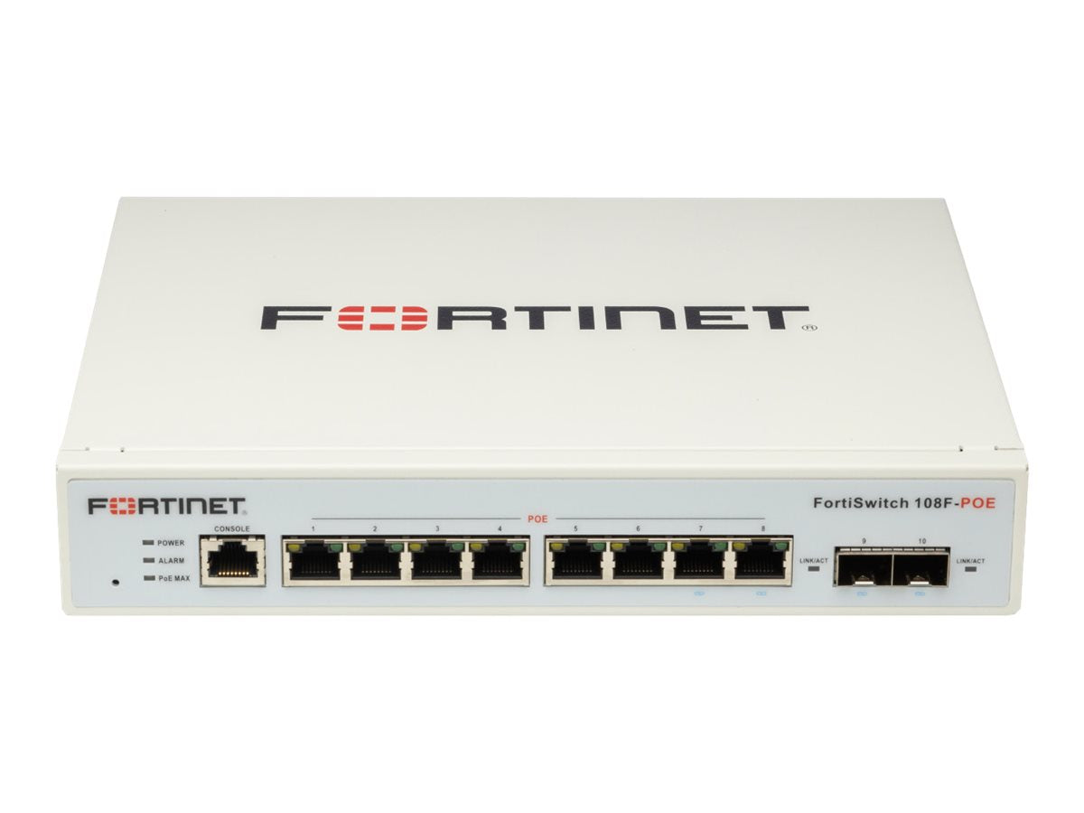 Fortinet FortiSwitch 108F-POE - Conmutador - Gestionado - 8 x 10/100/1000 (PoE) + 2 x Gigabit SFP - flujo de aire lateral hacia atrás - sobremesa, montaje en rack - PoE+ (65 W)
