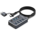 4-Ports Hub USB 3.0 with Individual LED On/Off  Power Switches- 5GBPS - 2Ft Cable - Fast Data Transfer - Aluminum Housing / Type-C + USBA
