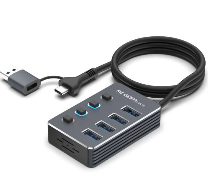 4-Ports Hub USB 3.0 with Individual LED On/Off  Power Switches- 5GBPS - 2Ft Cable - Fast Data Transfer - Aluminum Housing / Type-C + USBA