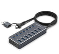 7-Ports Hub USB 3.0 with Individual LED On/Off  Power Switches- 5GBPS - 2Ft Cable - Fast Data Transfer - Aluminum Housing / Type-C + USBA