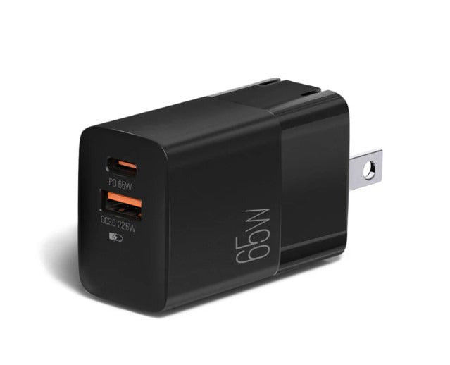 Cargador Dual Rápido Type-C 65W & USB QC3.0 22.5W para pared con enchufe plegable