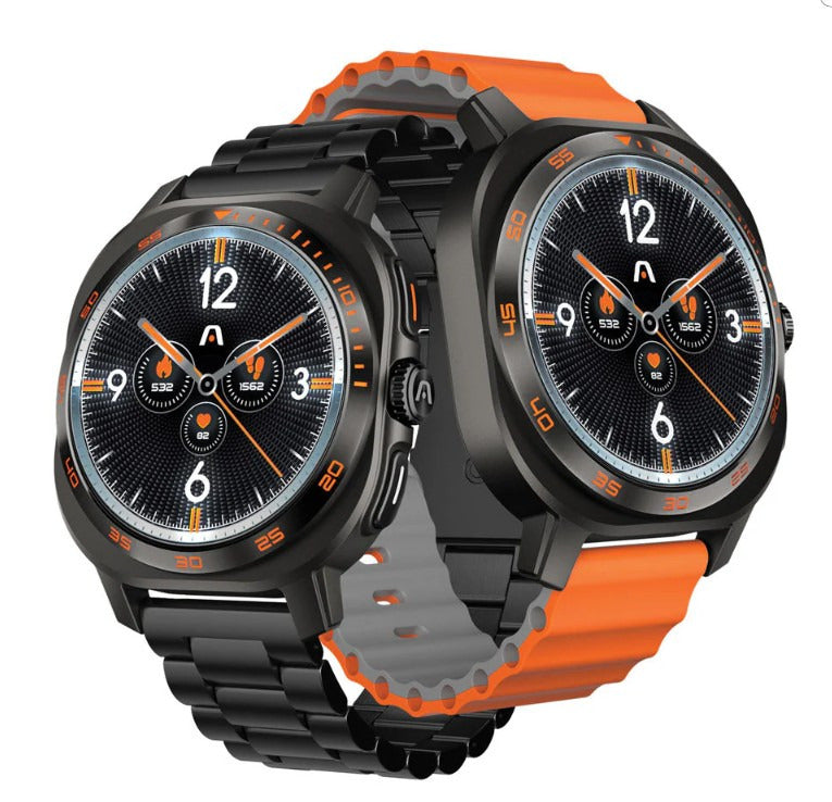 SKEIWATCH C62 - Gunmetal Case - 2 Straps Included (Stainless Steel Links & Orange Silicone)- 1.43" AMOLED Screen