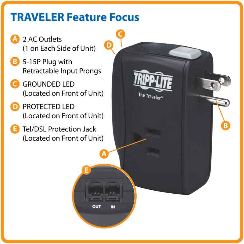 PROTECTOR CONTRA SOBRETENSIONES PORTÁTIL DE 2 TOMACORRIENTES PROTECT IT!, CONEXIÓN DIRECTA, 1080 JOULES, PROTECCIÓN PARA TELÉFONO/MÓDEM
