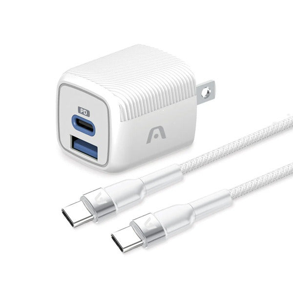 CHARGE PACK with GAN Fast Charge Technology - VOLTA P40 Dual Port Compact Design PD 38W Type-C (20W) & USB (18W QC 3.0) Wall Charger & Type-C to Type-C Cable 65W  (1.8m) - White