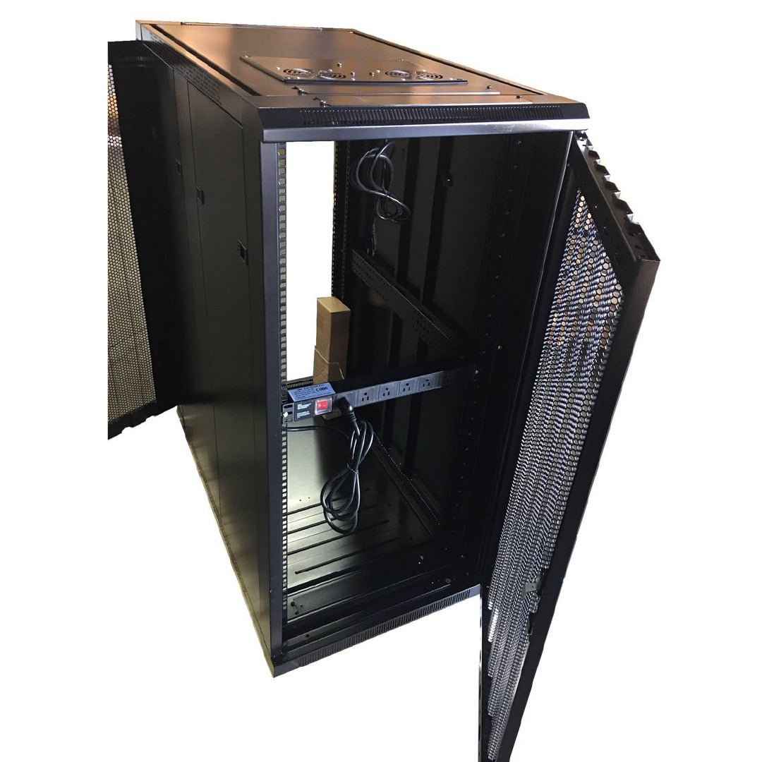 GABINETE DE PISO DE NEWLINK 24RU 47 ", PUERTA VENTILADA, ABANICO Y REGLETA DE 6 OUTLES